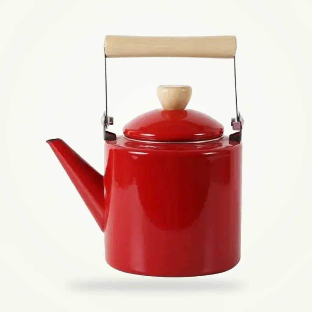 Japanese vintage red porcelain enamel teapot, packshot on plain background showing glossy burgundy glaze
