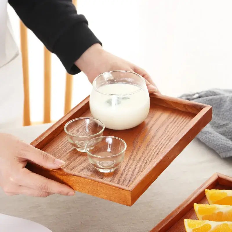 Rectangular wooden tea tray with tea set