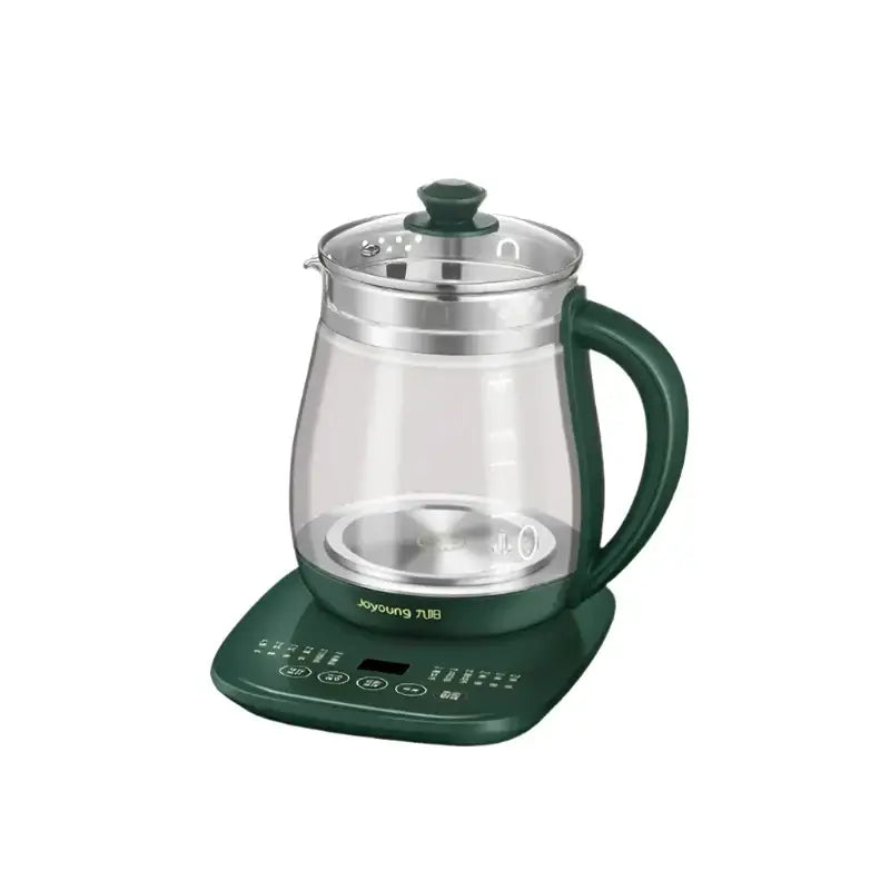 Green electric teapot with glass carafe, angled view