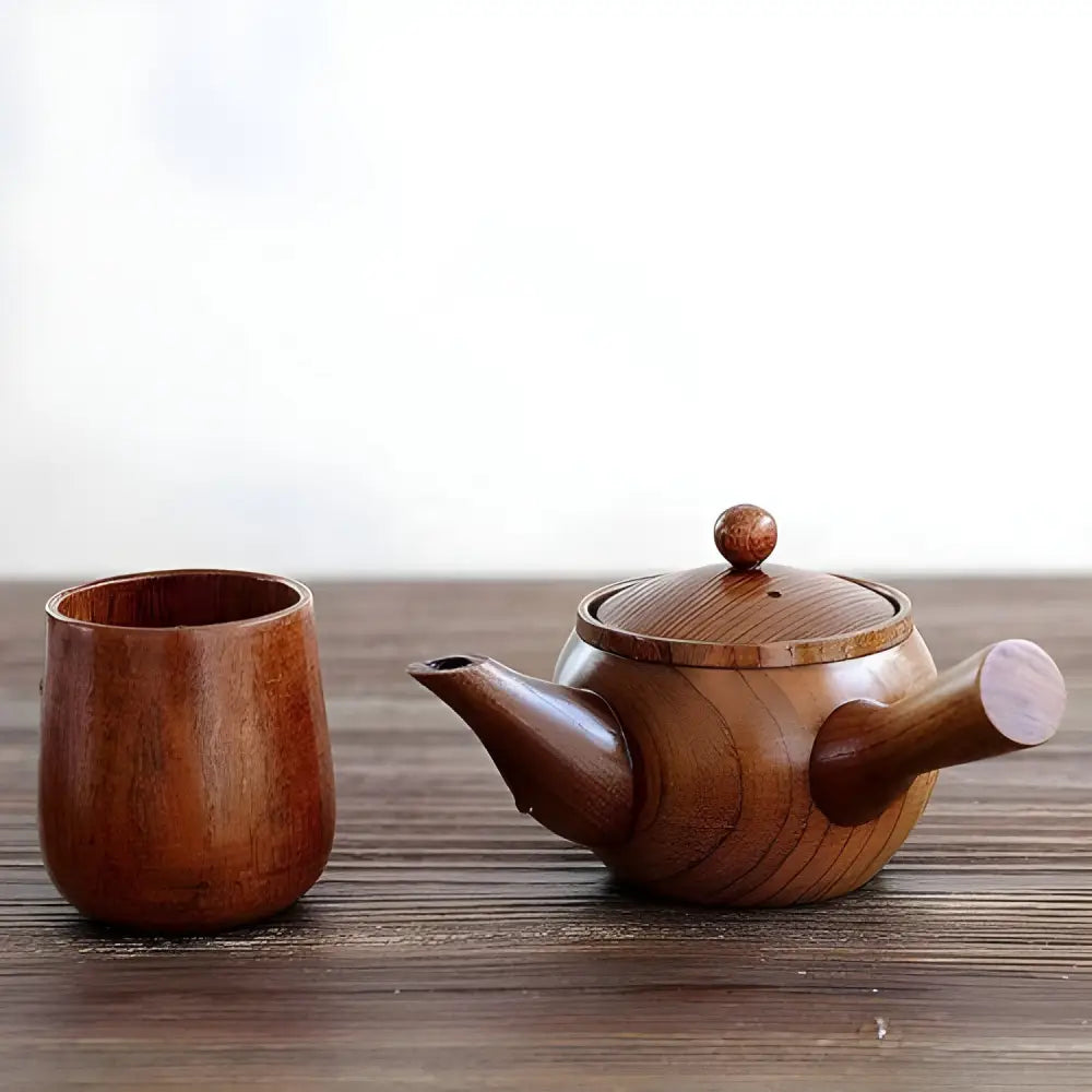 Jujube wood kyusu teapot displayed on a natural wood tray