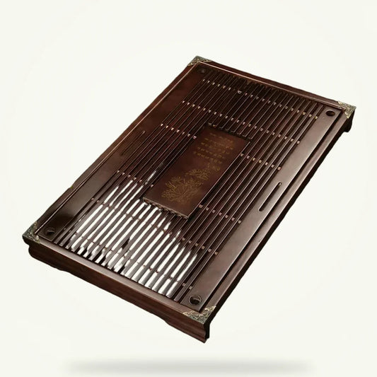 Large Carved Wood Gongfu Tea Table, product photo on a plain background
