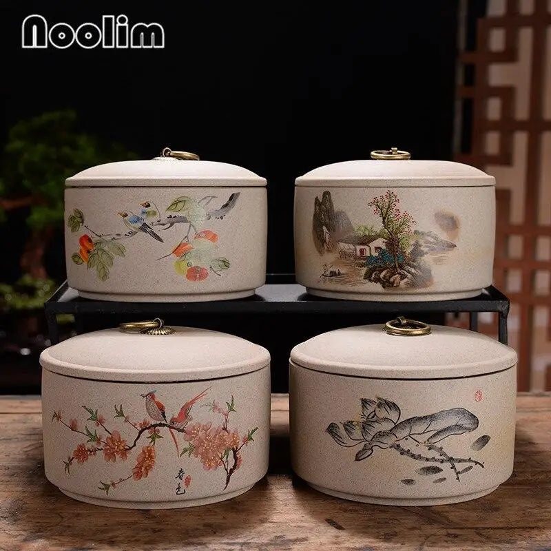 Large ceramic tea canister with lid in earthy color