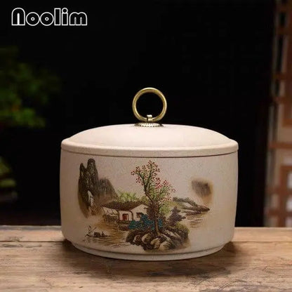 Large ceramic tea canister in color D, on kitchen counter