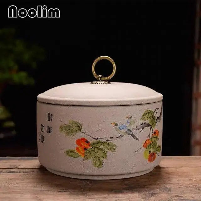 Large ceramic tea canister with lid, front view