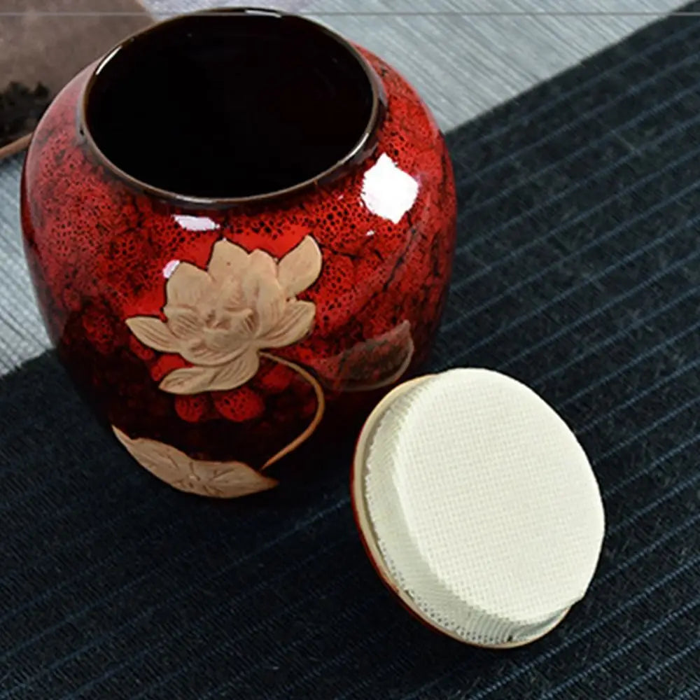 Yellow glazed ceramic tea storage jar with lid, kitchen counter styling