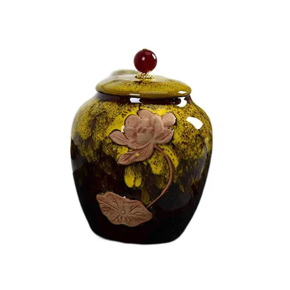 Yellow large ceramic tea jar with lid, full view showing size and proportions