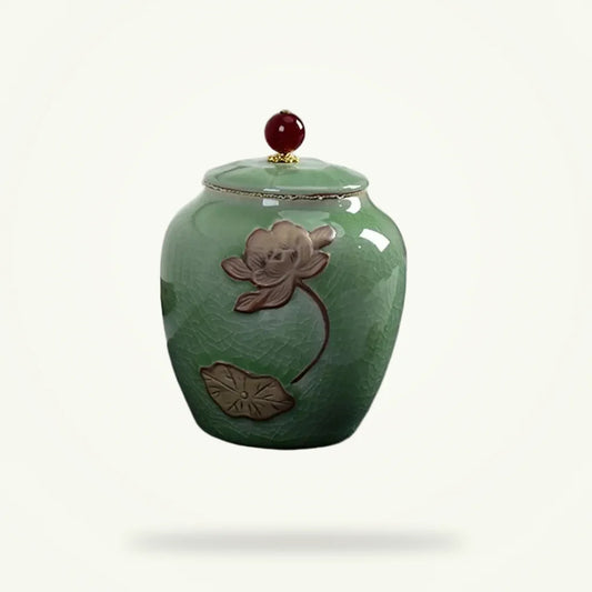 Large ceramic tea storage jar with fitted lid, product packshot on plain background