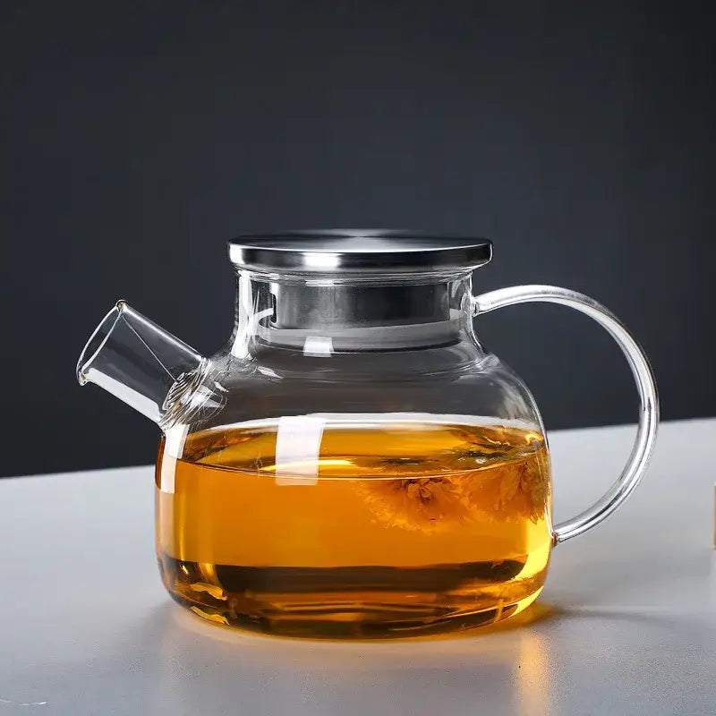 Borosilicate glass teapot with bamboo handle showing transparent body and lid