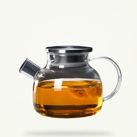 Large glass teapot with stainless steel infuser, 1-liter family size, plain background