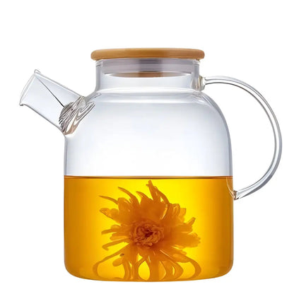 Large glass teapot with bamboo lid and built-in infuser