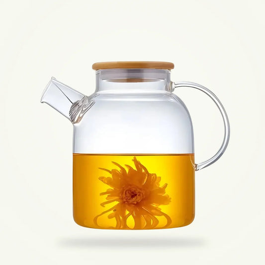 Large Glass Teapot with Infuser, Borosilicate Glass & Bamboo Lid, 34 oz or 54 oz, product photo on a plain background