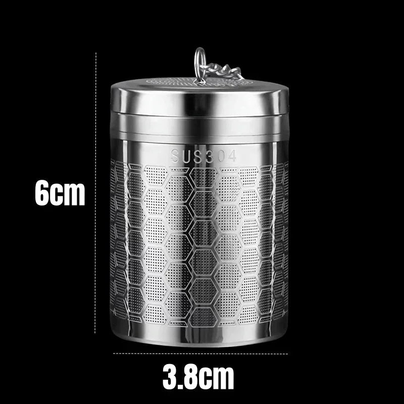 Stainless steel loose leaf tea infuser with screw-top lid open