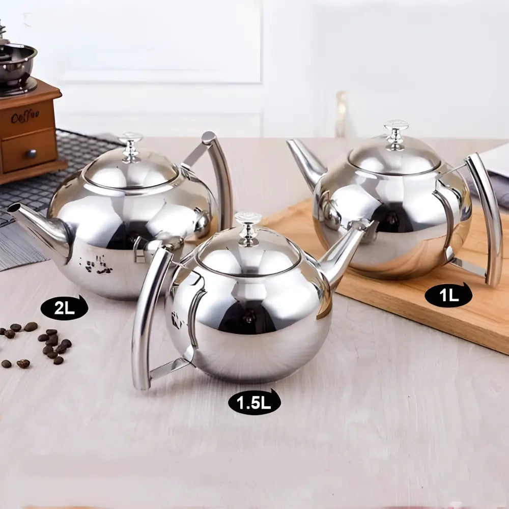 Three stainless steel teapots with filters side by side showing size range