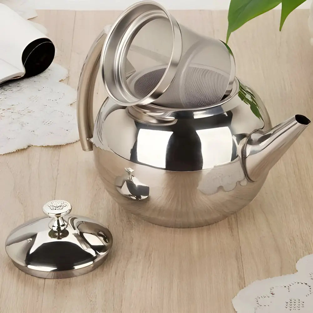 Stainless steel teapot open showing removable built-in loose-leaf mesh filter