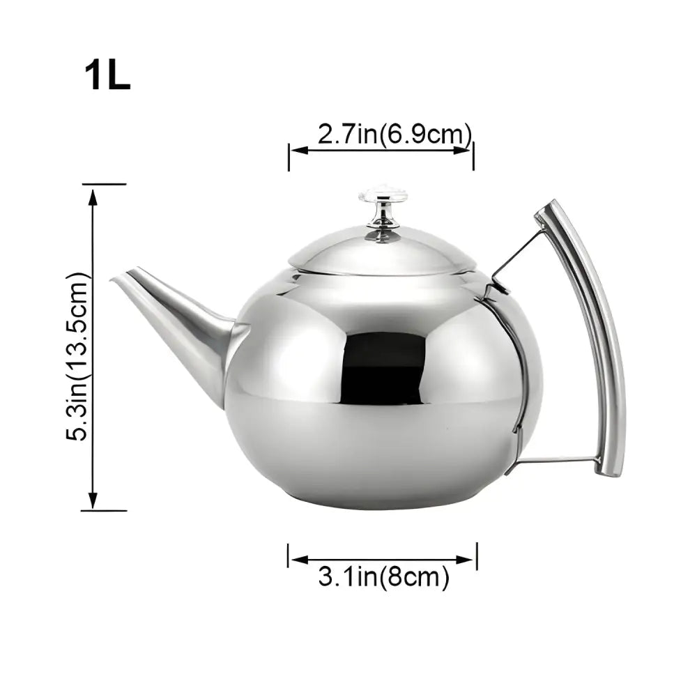 1 liter stainless steel teapot with filter on kitchen counter
