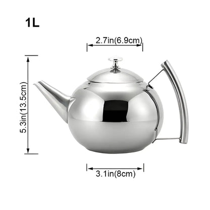 1 liter stainless steel teapot with filter on kitchen counter