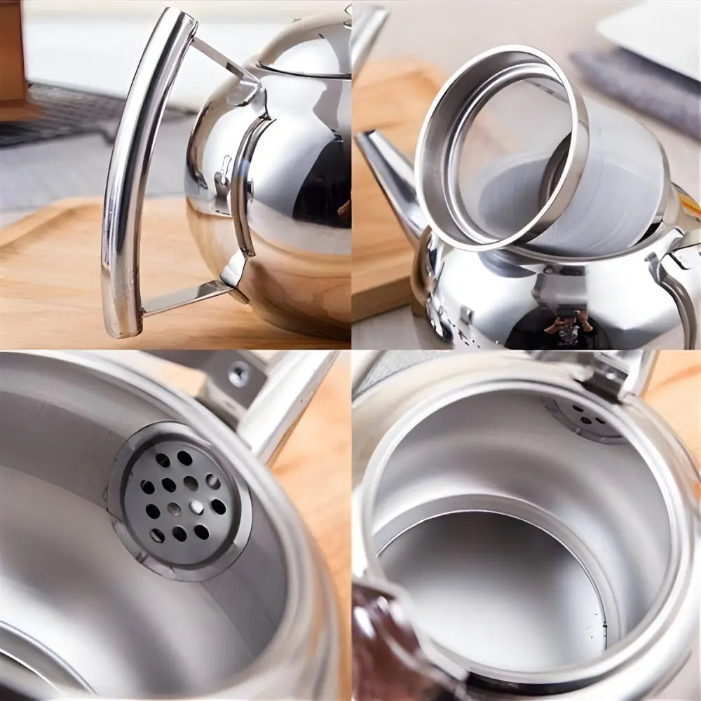 Stainless steel teapot disassembled showing lid body and mesh filter parts