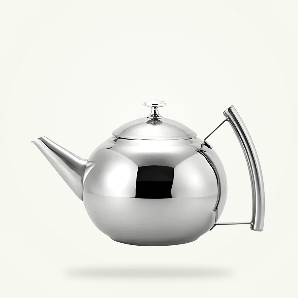 Stainless steel teapot with built-in filter on plain background, 0.5 L 1 L 1.5 L sizes