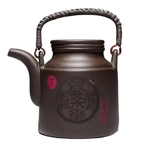 Large brown Yixing clay teapot 30 oz on wooden surface side view