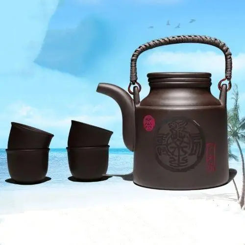 Brown Yixing Zisha teapot set with four matching clay tea cups