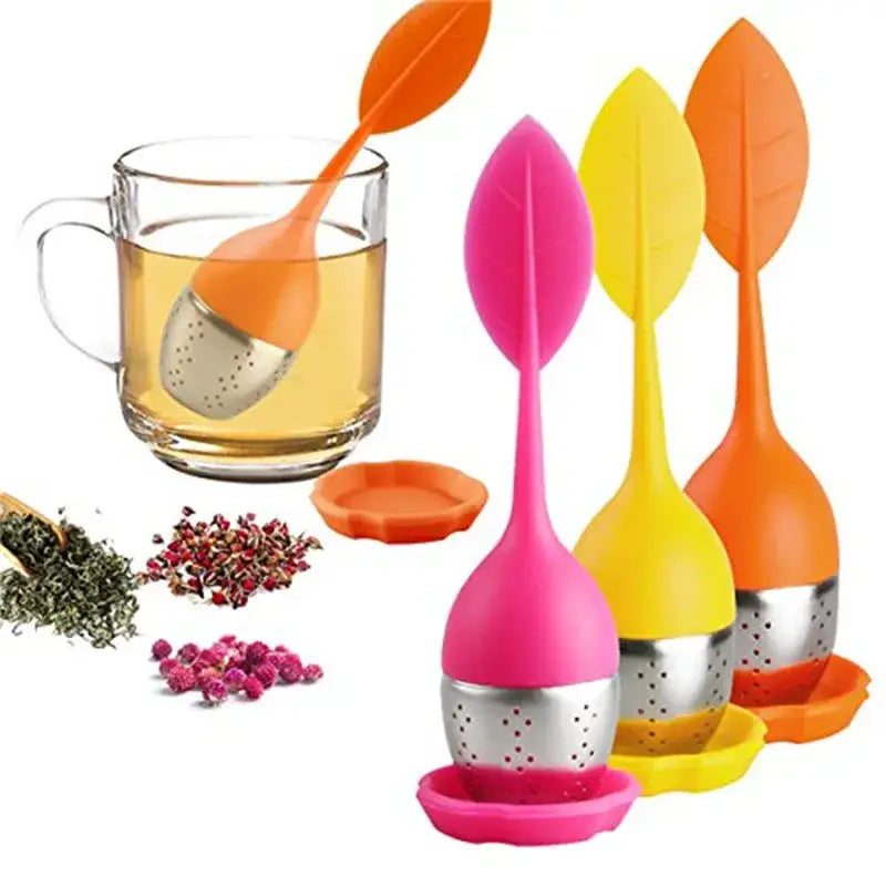 Leaf tea infuser with stainless steel mesh and silicone handle