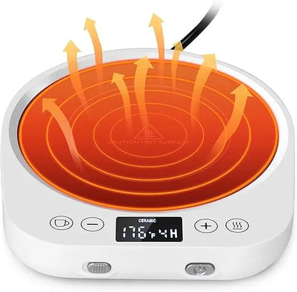 Close-up of LED temperature display on digital mug warmer showing set temperature