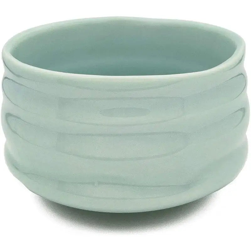 Handcrafted light blue chawan tea bowl side view
