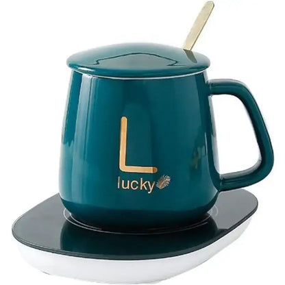 Coffee warmer set with mug and spoon on desk