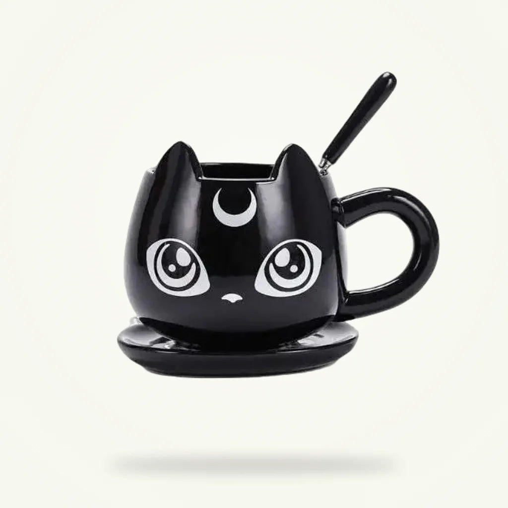 Luna Cat Sailor Moon Tea Cup Set with Ceramic Saucer and Spoon, product photo on a plain background