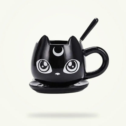 Luna Cat Sailor Moon Tea Cup Set with Ceramic Saucer and Spoon, product photo on a plain background