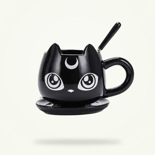 Luna Cat Sailor Moon Tea Cup Set with Ceramic Saucer and Spoon, product photo on a plain background