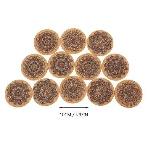 Set of mandala coasters on wooden table