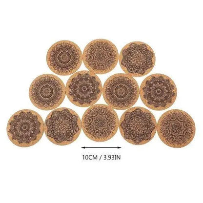 Set of mandala coasters on wooden table