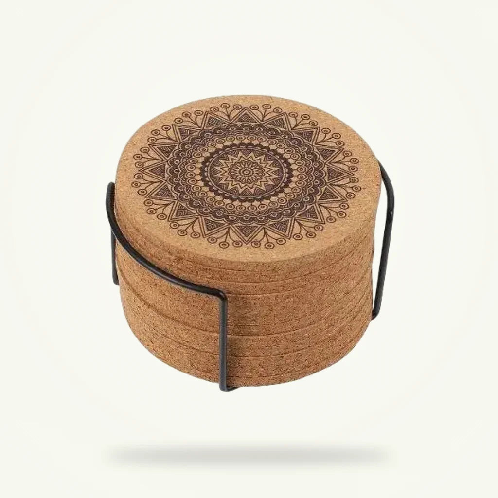 Mandala Coaster Set for Tea and Coffee Cups - Eco-Friendly Cork, product photo on a plain background