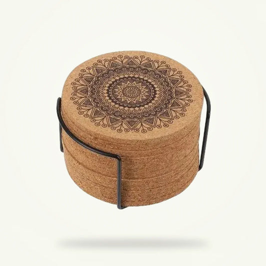 Mandala Coaster Set for Tea and Coffee Cups - Eco-Friendly Cork, product photo on a plain background