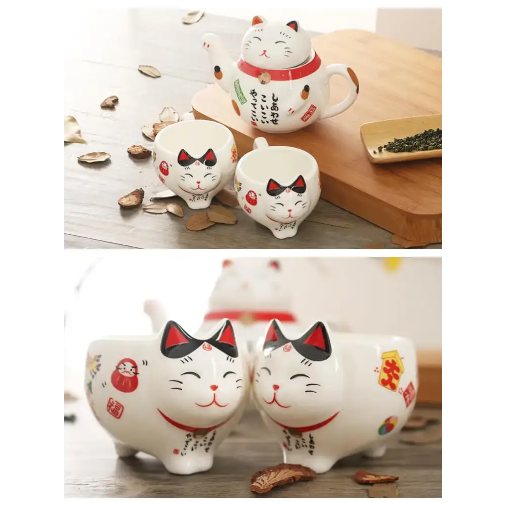 Lucky cat teapot set in a cozy kitchen setting