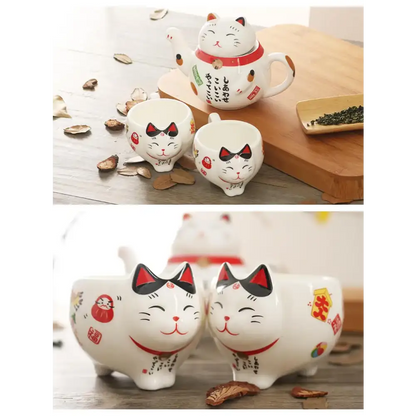 Lucky cat teapot set in a cozy kitchen setting