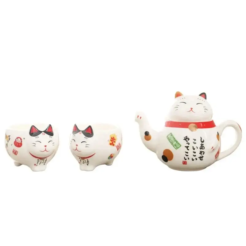 Complete lucky cat tea set showing teapot and two cups from above