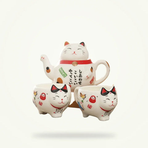 Maneki-Neko Lucky Cat Teapot Set - Japanese Porcelain Tea Set