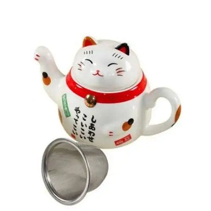 Maneki Neko porcelain teapot shown with built-in infuser filter