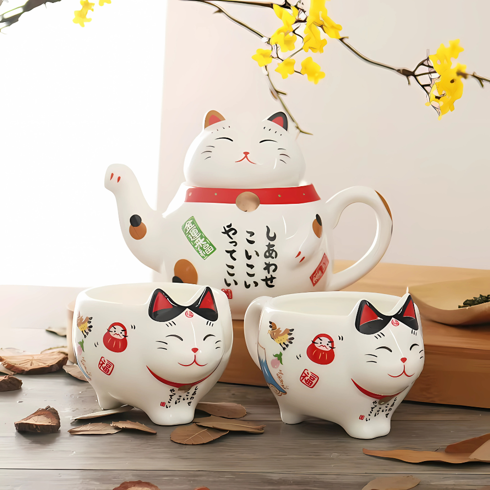 Maneki Neko tea cup set two white porcelain lucky cat cups