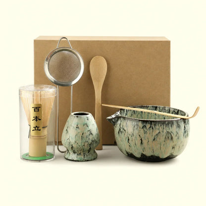Ceramic matcha bowl and bamboo chasen whisk set packshot, all six pieces laid flat