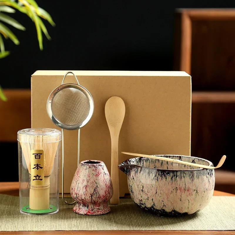 Matcha tea set in Cherry Blossom color with ceramic bowl and bamboo whisk