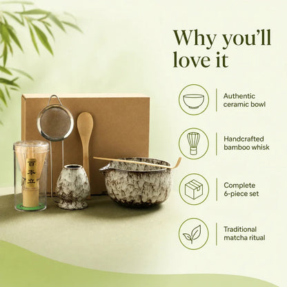 Key benefits of the 6-piece matcha set: sifter, scoop, holder, whisk, and ceramic bowl