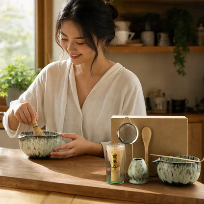 Matcha tea set in use: ceramic bowl with green powder beside bamboo whisk and wooden scoop
