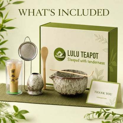Matcha tea set gift box packaging showing all six accessories in protective insert