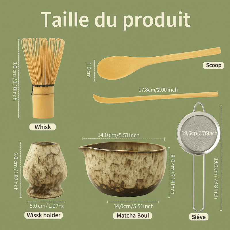 Stainless steel matcha sifter and bamboo scoops from the 6-piece ceramic matcha set