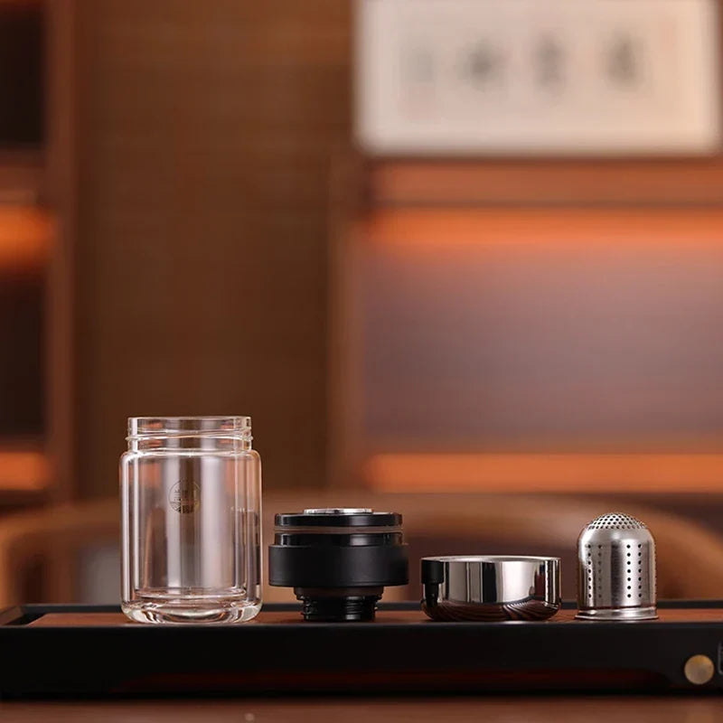 Close-up of stainless steel mesh filter from mini double wall glass tea infuser