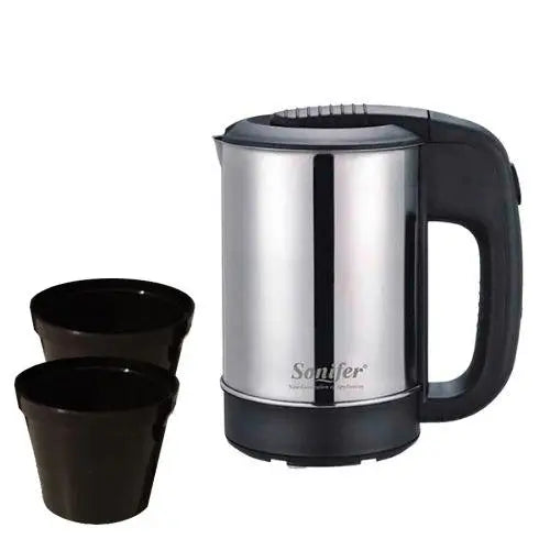 Mini electric kettle with two black cups included