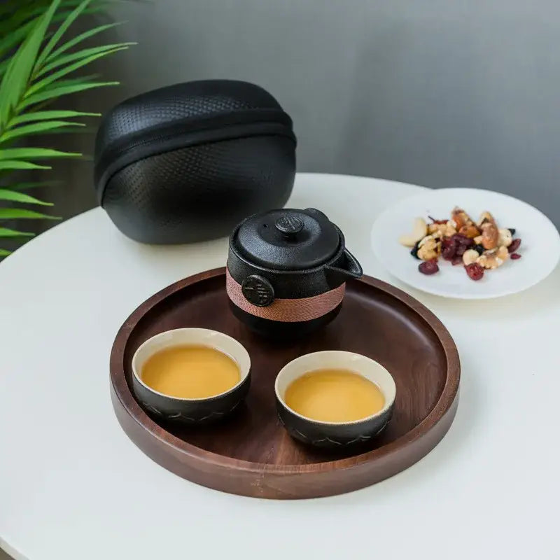 Mini travel tea set matte black ceramic teapot with lid and two small cups